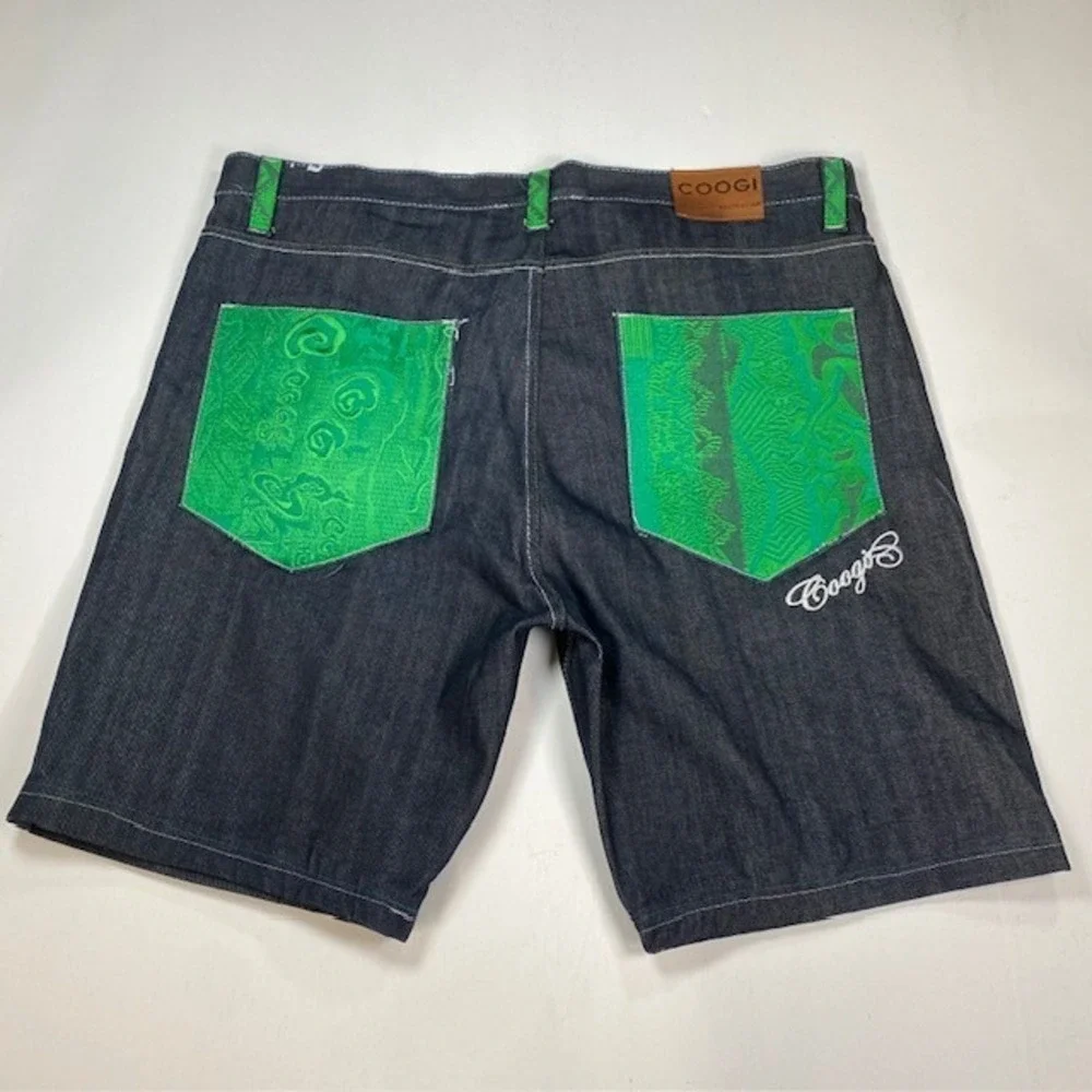 Coogi Jeans Mens Dark Wash Denim Shorts Green Accents Stitch Size 44 MODIFIED